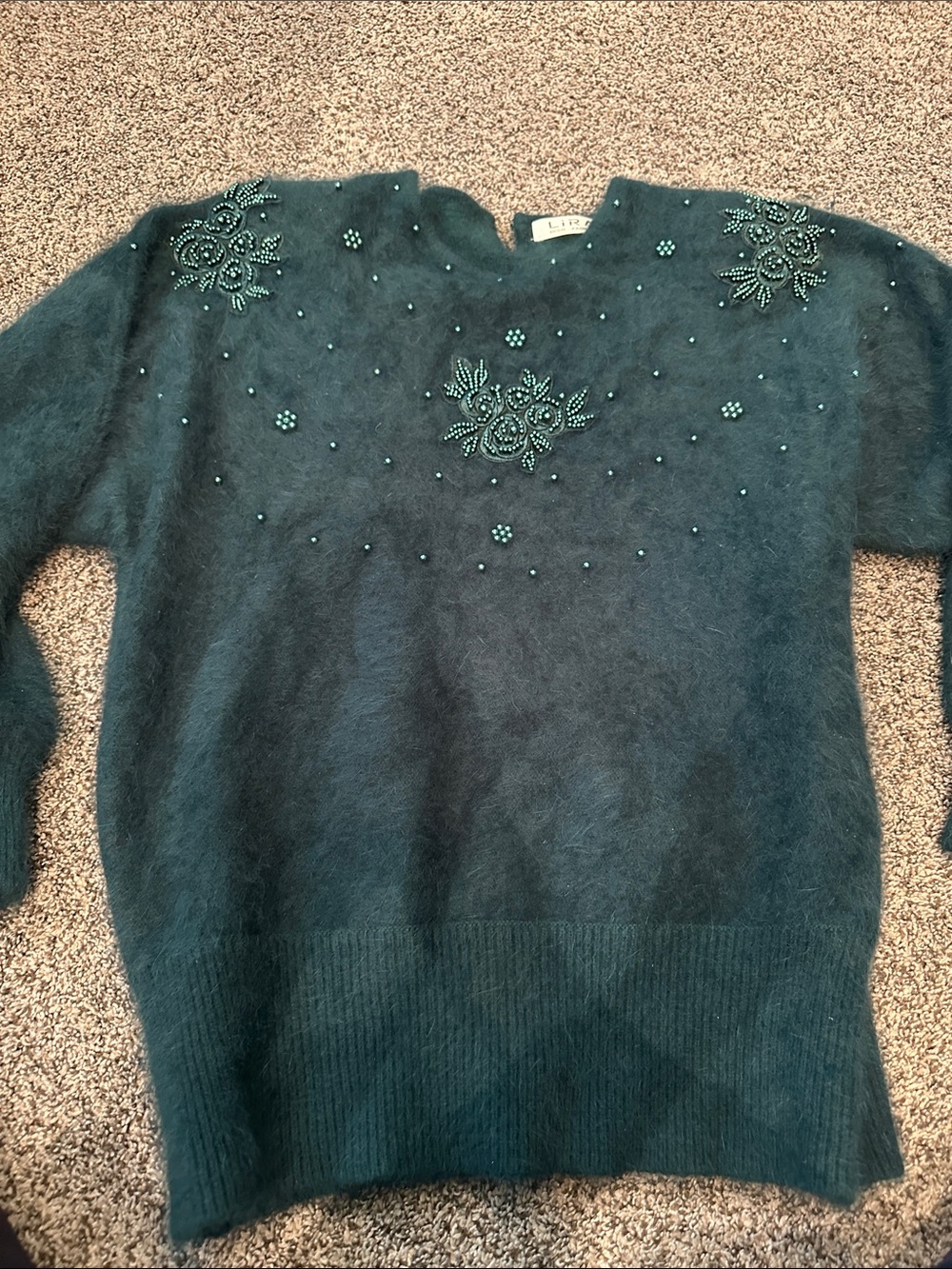 Lira Teal Soft and Fuzzy Beaded Crewneck Sweater